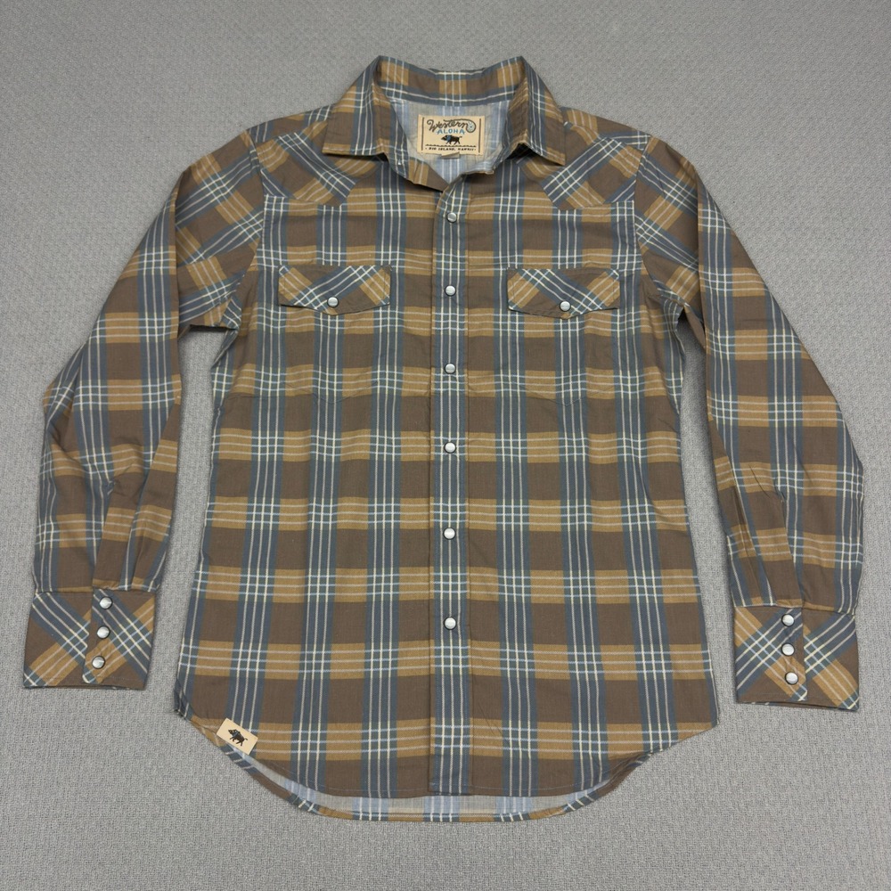 Western Aloha Pearl Snap Shirt Mens Small Brown Plaid Western Cowboy Retro